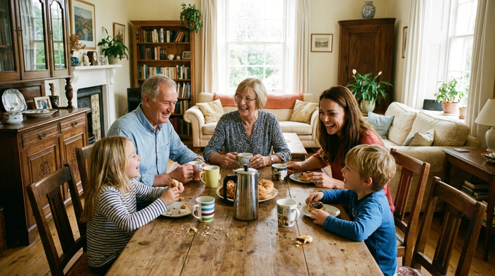 Eine harmonische Familie aus drei Generationen sitzt zusammen an einem rustikalen Esstisch, trinkt Kaffee und lacht. Warme, einladende Wohnzimmeratmosphäre mit sehr viel Tageslicht.