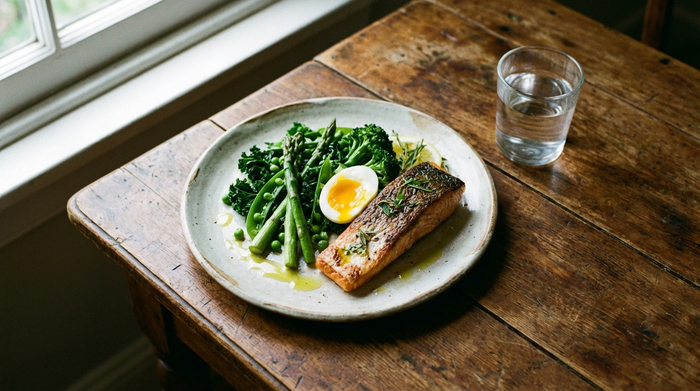 Ein appetitlich angerichteter Teller mit gesunder, proteinreicher Nahrung auf einem rustikalen Holztisch: gegrillter Lachs, frisches grünes Gemüse und ein gekochtes Ei. Ein Glas klares Wasser steht daneben. Helle, natürliche Beleuchtung, keine Schriftzüge.