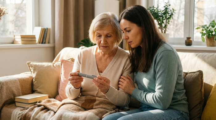 Eine fürsorgliche erwachsene Tochter sitzt neben ihrer älteren Mutter auf einem gemütlichen Sofa im Wohnzimmer. Beide betrachten konzentriert und ruhig einen neutralen medizinischen Injektionsstift in den Händen der Mutter. Keine lesbaren Etiketten.