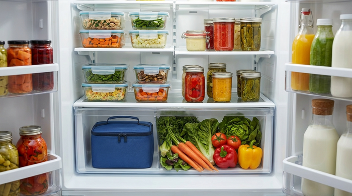 Ein sauberer, gut organisierter Kühlschrank von innen fotografiert. Im Gemüsefach liegt sicher verstaut eine kleine, geschlossene blaue Kühltasche neben frischem Gemüse. Realistische Beleuchtung, aufgeräumtes Umfeld ohne Text oder Marken.