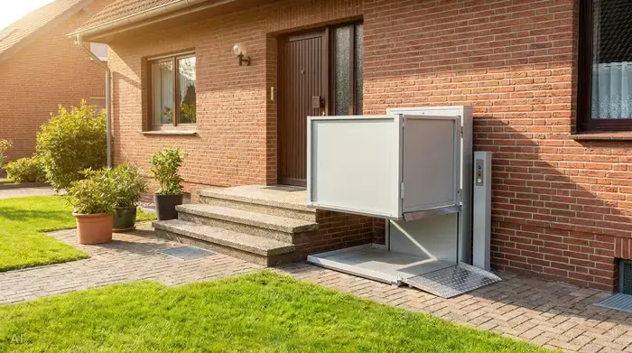Hublift mit offener Plattform neben den Eingangsstufen eines Einfamilienhauses