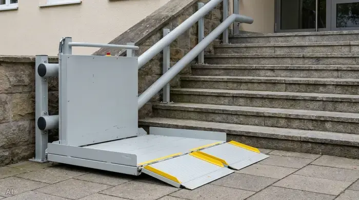 Plattformlift mit ausgeklappten Auffahrrampen an einer Eingangstreppe
