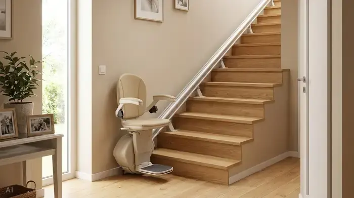 Sitzlift mit Klappsitz auf gerader Schiene in einem hellen Wohnhaus