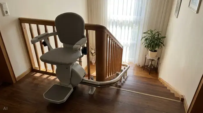 Sitzlift auf kurviger Einrohr-Schiene an einer Wendeltreppe