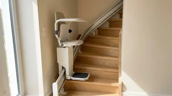 Stehlift mit Anlehnsitz und Haltebügel auf schmaler Treppe